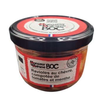 Ravioles chèvre, compotée de tomates et menthe